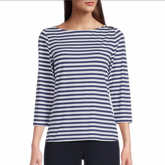J Mclaughlin Tops - J. McLaughlin Wavesong Striped Print 3/4 Sleeve Button Shoulder Tee Shirt